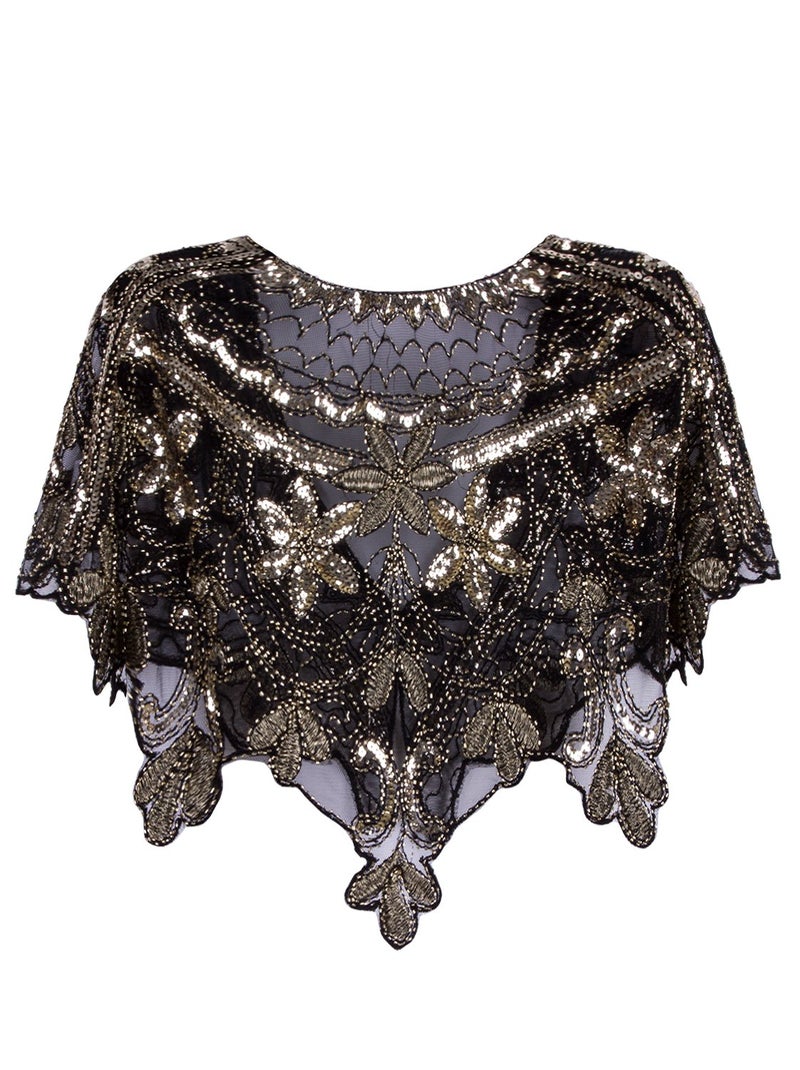 Vijiv Women's 1920s Shawl Deco Sequin Beaded Evening Cape Bolero Flapper Cover Up For Wedding Black Gold - Image 2